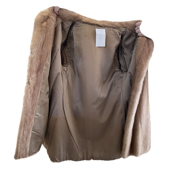 Vintage 60s Mink Fur Coat Tan Double-Breasted Design Long Sleeves Satin Lining - Picture 4 of 11
